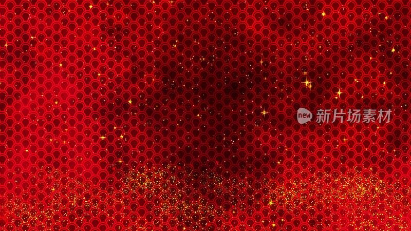红色的中国新年背景，金色的星星闪闪发光，还有龙的图案。3 d渲染。魔幻新年快乐动画。三维演示